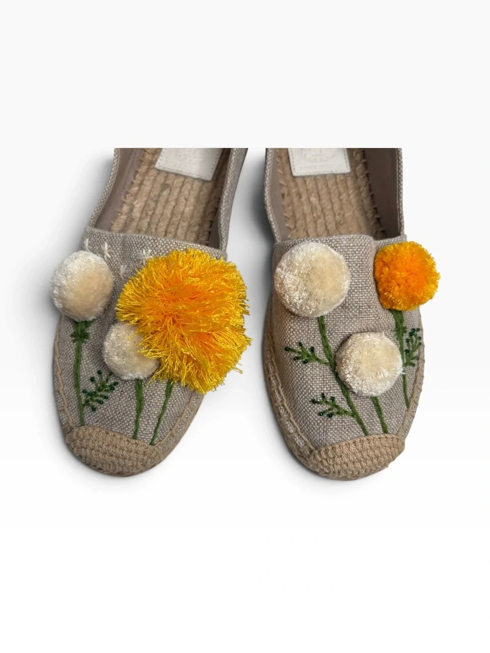 TORY BURCH Embroidered Pom Espadrille Flats in Beige and Yellow